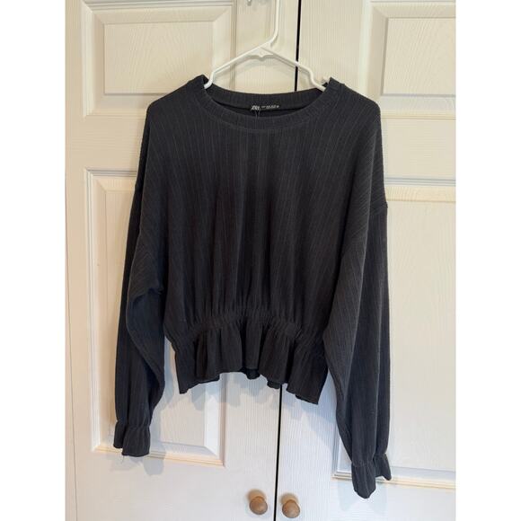 New ZARA Dark Gray Textured Long Sleeve Cinched Waist Top Sweater - Picture 3 of 6